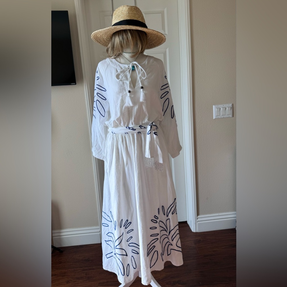 CIEBON white cotton and blue pattern maxi dress in US size L